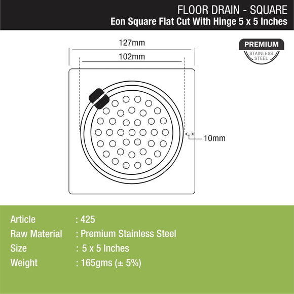 Eon Square Flat Cut Floor Drain with Hinge (5 x 5 Inches) - LIPKA - Lipka Home