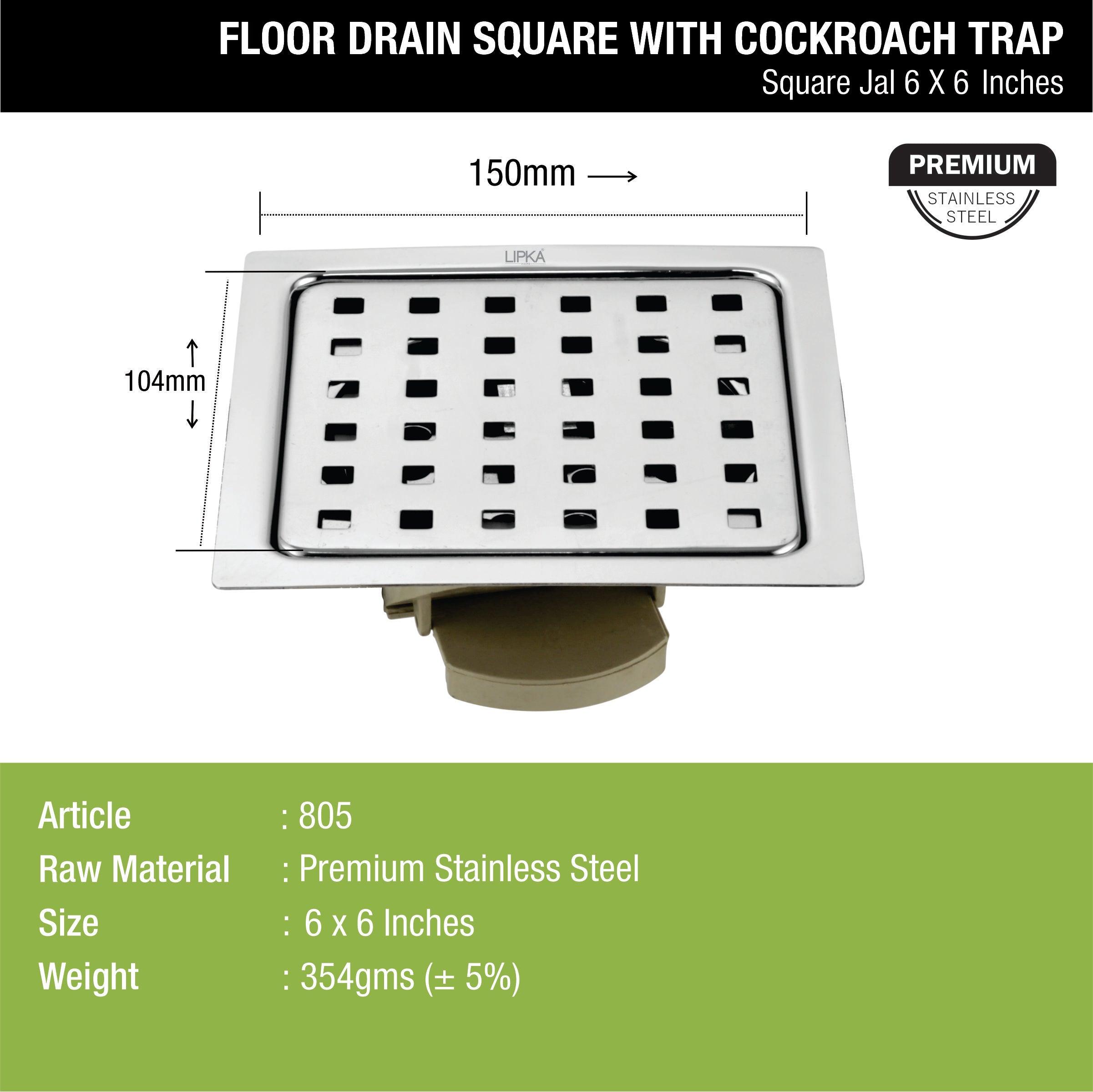 Square Jal Floor Drain (6 x 6 Inches) with Wide PVC Cockroach Trap - LIPKA - Lipka Home