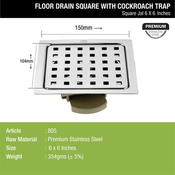 Square Jal Floor Drain (6 x 6 Inches) with Wide PVC Cockroach Trap - LIPKA - Lipka Home