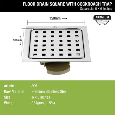 Square Jal Floor Drain (6 x 6 Inches) with Wide PVC Cockroach Trap - LIPKA - Lipka Home