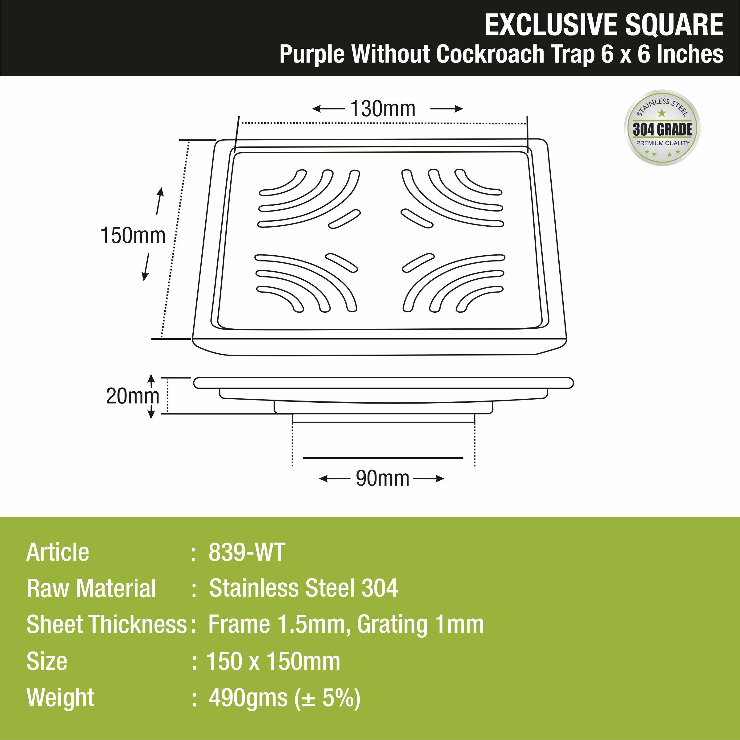 Purple Exclusive Square Floor Drain (6 x 6 Inches) - LIPKA - Lipka Home