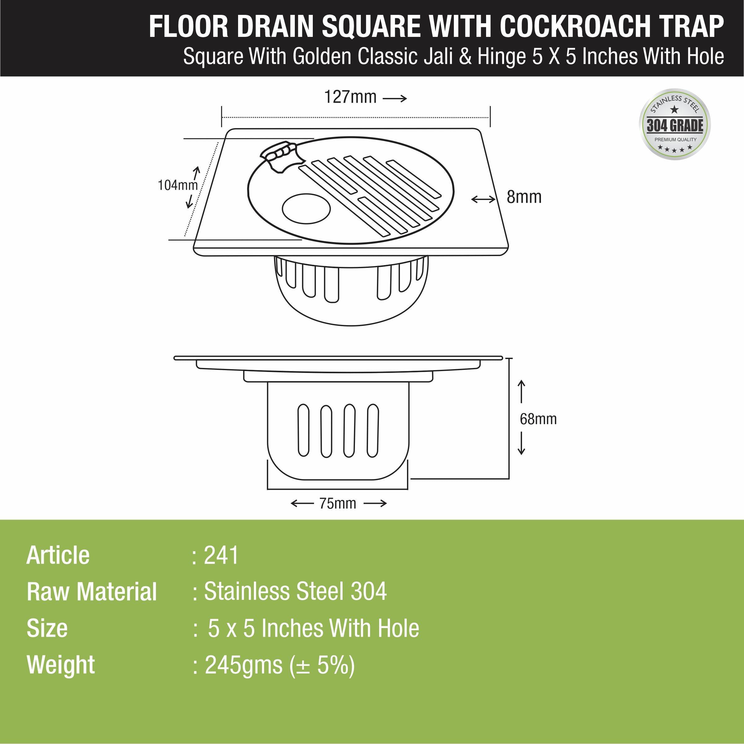 Golden Classic Jali Square Floor Drain (5 x 5 Inches) with Hinge, Hole and Cockroach Trap - LIPKA - Lipka Home
