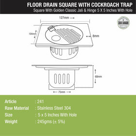 Golden Classic Jali Square Floor Drain (5 x 5 Inches) with Hinge, Hole and Cockroach Trap - LIPKA - Lipka Home