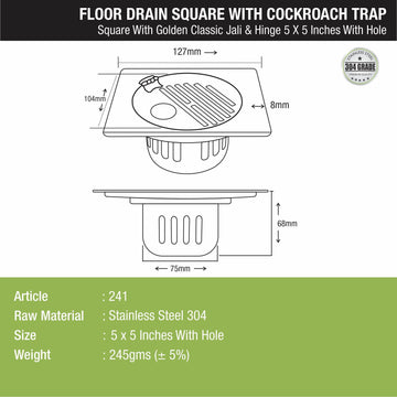 Golden Classic Jali Square Floor Drain (5 x 5 Inches) with Hinge, Hole and Cockroach Trap - LIPKA - Lipka Home