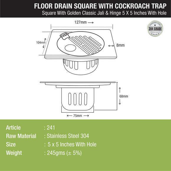 Golden Classic Jali Square Floor Drain (5 x 5 Inches) with Hinge, Hole and Cockroach Trap - LIPKA - Lipka Home