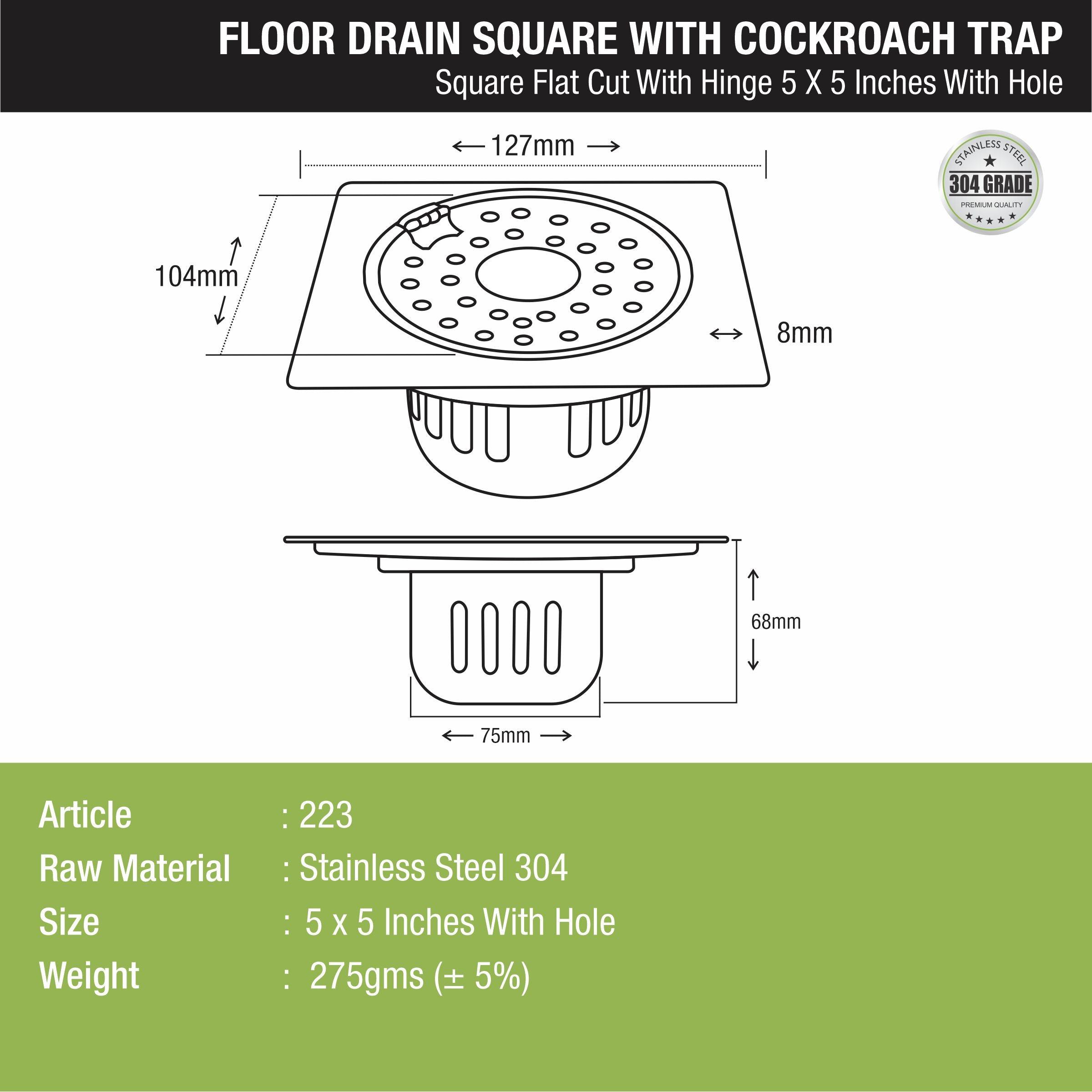 Square Flat Cut Floor Drain (5 x 5 Inches) with Hinge, Hole and Cockroach Trap - LIPKA - Lipka Home