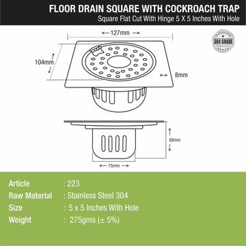 Square Flat Cut Floor Drain (5 x 5 Inches) with Hinge, Hole and Cockroach Trap - LIPKA - Lipka Home