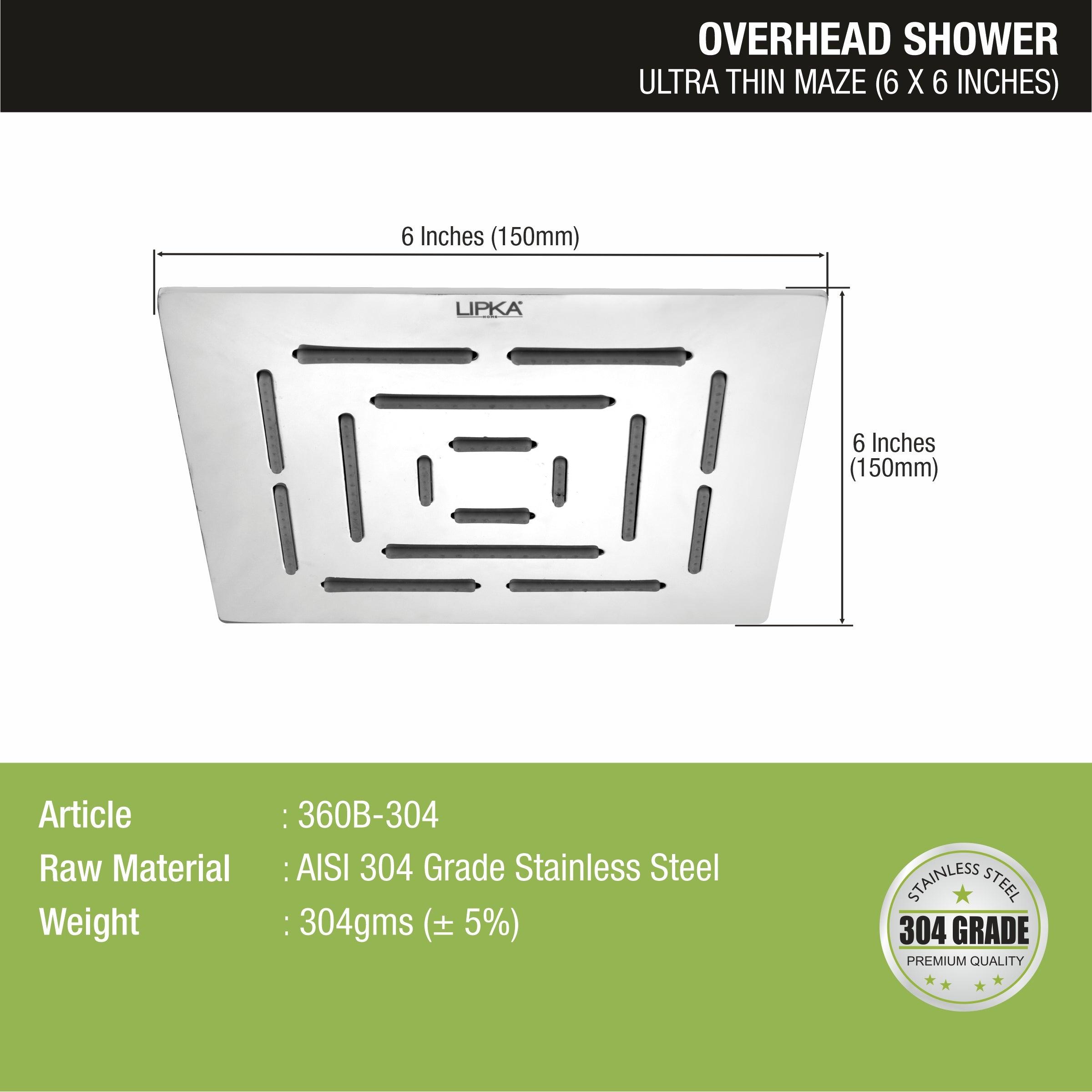 Ultra Thin Maze 304-Grade Overhead Rain Shower (6 x 6 Inches) sizes and dimensions