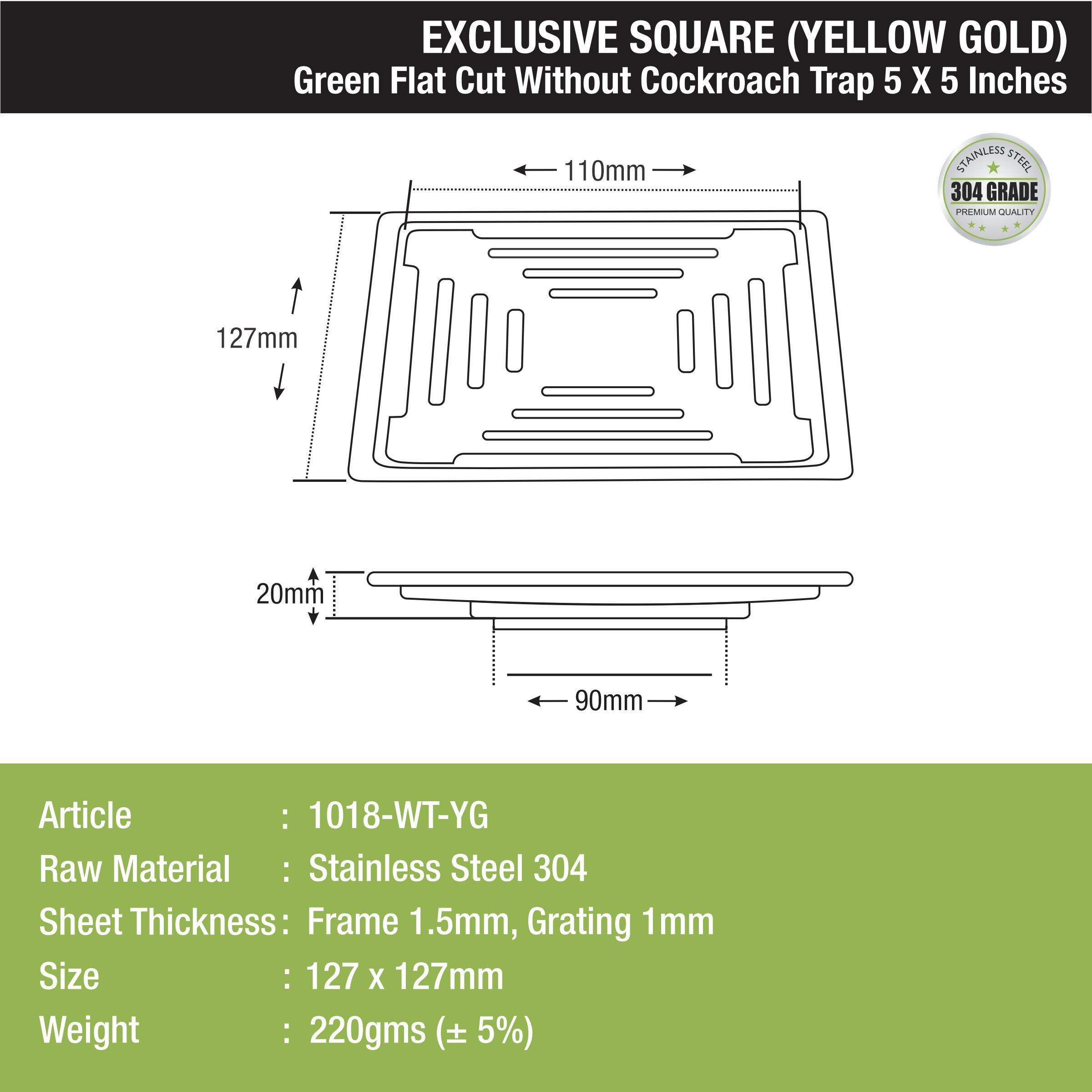 Green Exclusive Square Flat Cut Floor Drain in Yellow Gold PVD Coating (5 x 5 Inches) - LIPKA - Lipka Home