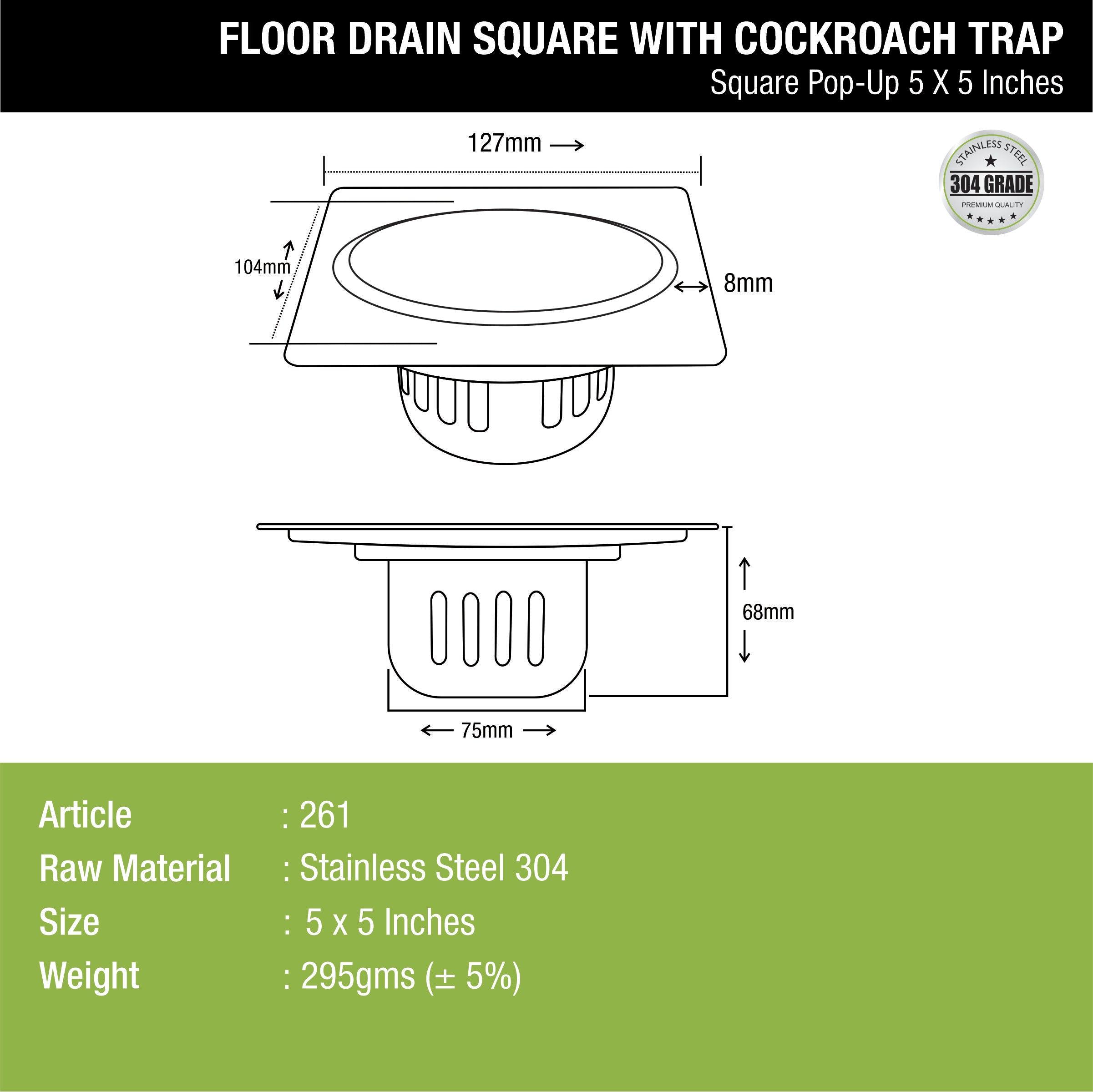 Pop-up Square Floor Drain (5 x 5 Inches) with Cockroach Trap - LIPKA - Lipka Home