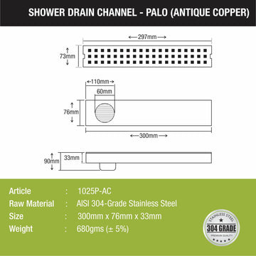 Palo Shower Drain Channel - Antique Copper (12 x 3 Inches) - LIPKA - Lipka Home