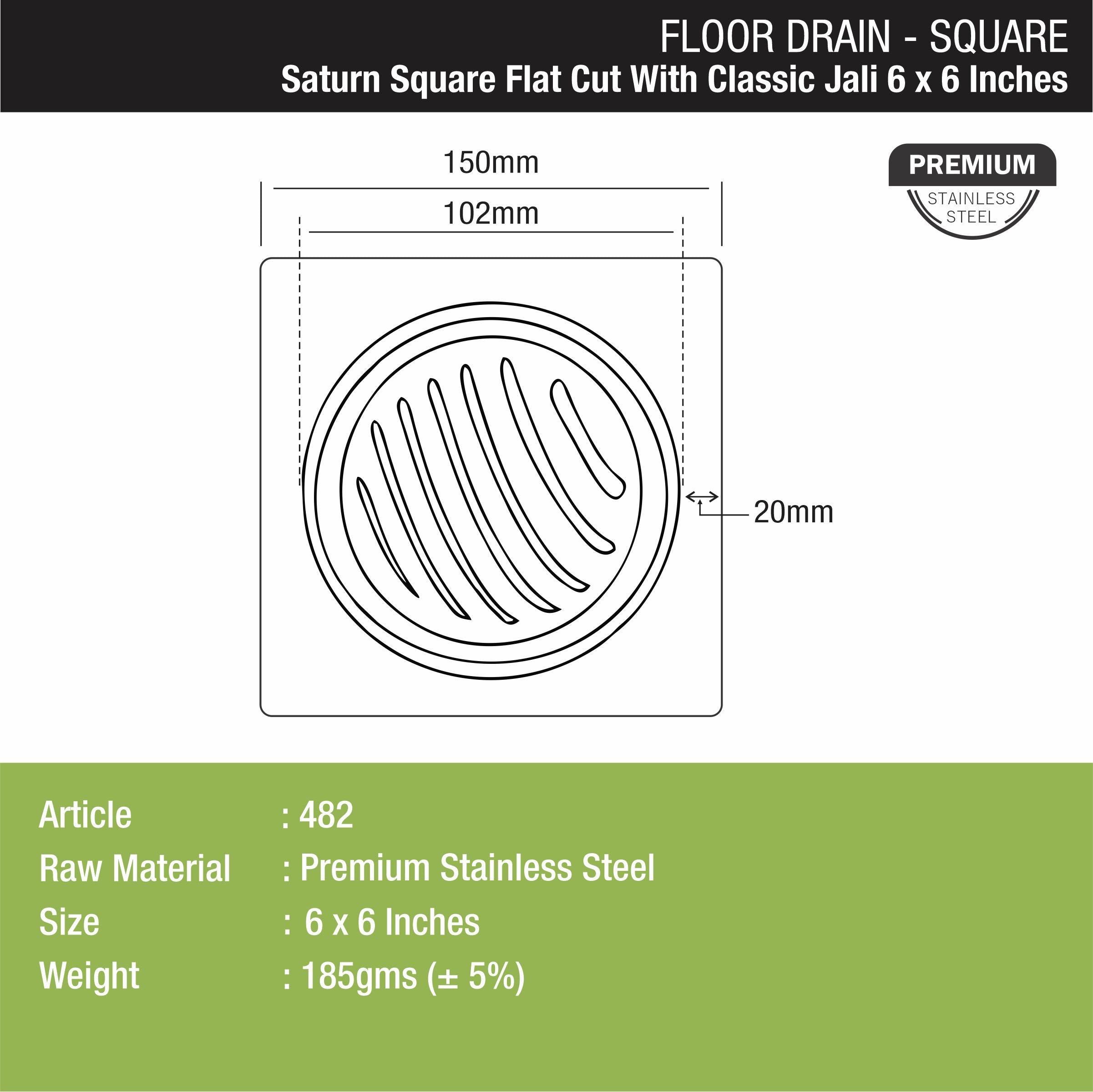 Saturn Square Flat Cut Floor Drain with Classic Jali (6 x 6 Inches) - LIPKA - Lipka Home