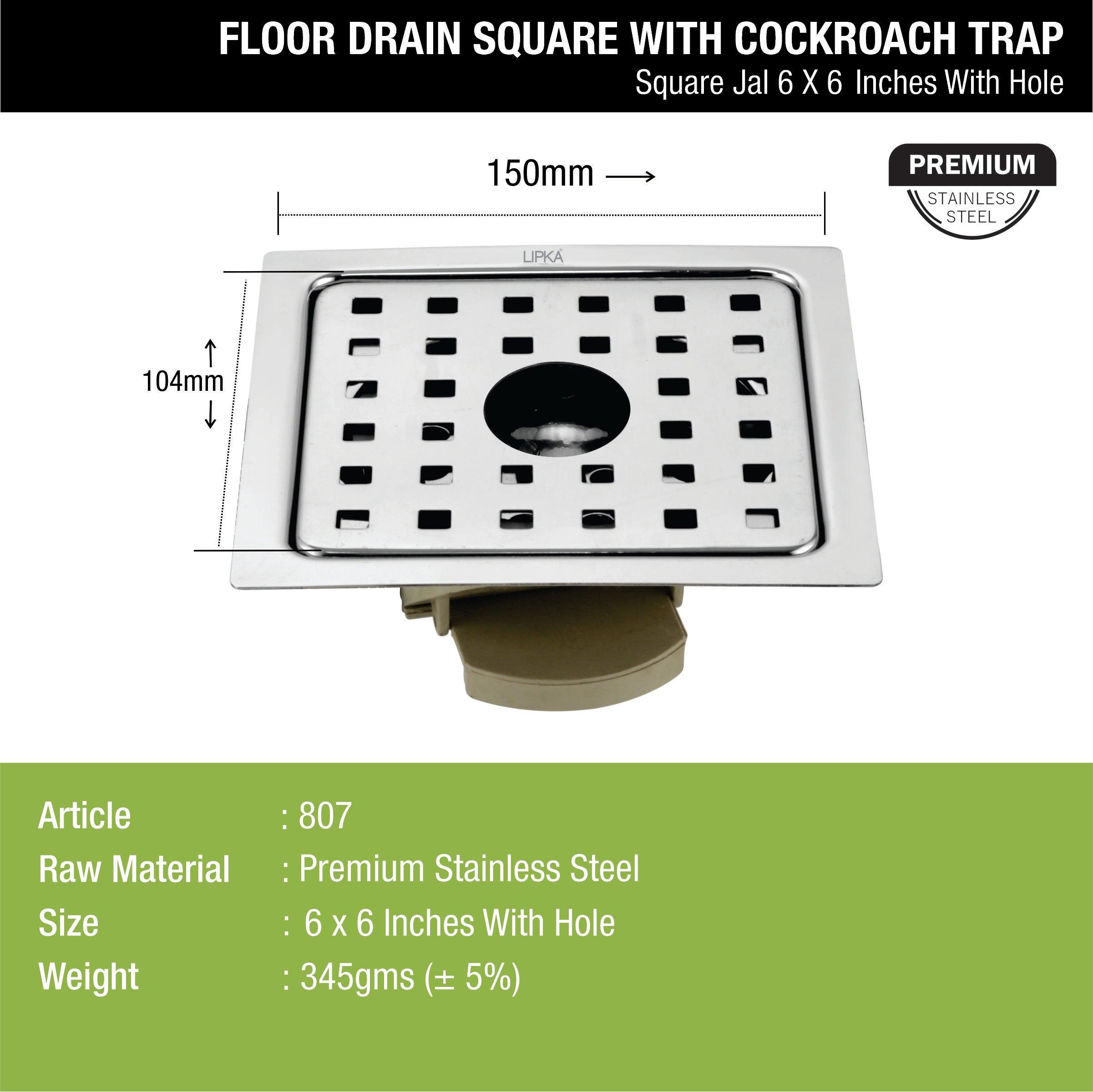 Square Jal Floor Drain (6 x 6 Inches) with Hole and Wide PVC Cockroach Trap - LIPKA - Lipka Home