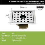 Square Jal Floor Drain (6 x 6 Inches) with Hole and Wide PVC Cockroach Trap - LIPKA