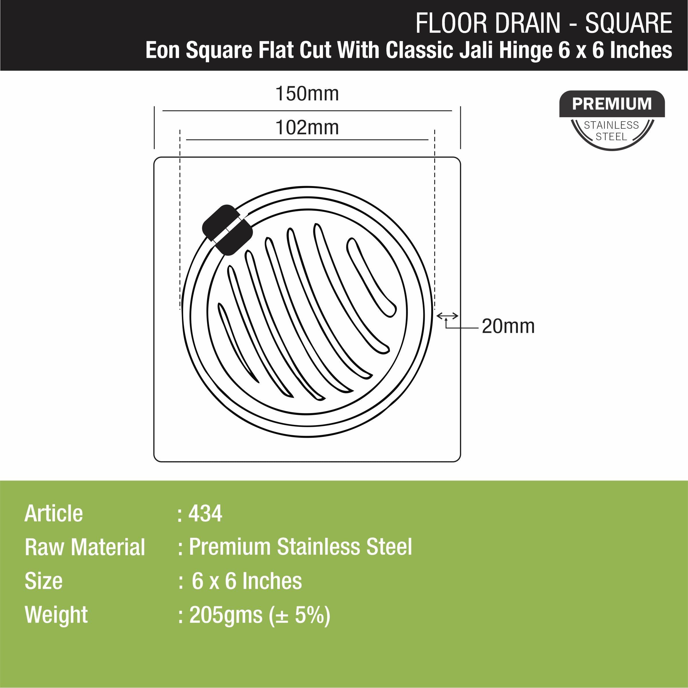 Eon Square Flat Cut Floor Drain with Classic Jali and Hinge (6 x 6 Inches) - LIPKA - Lipka Home