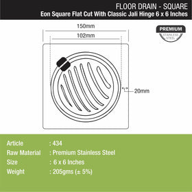Eon Square Flat Cut Floor Drain with Classic Jali and Hinge (6 x 6 Inches) - LIPKA - Lipka Home