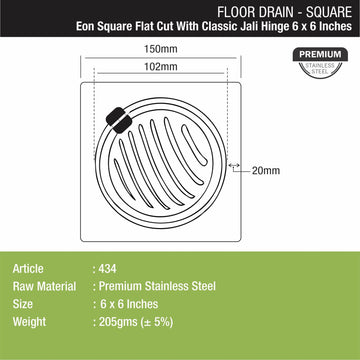 Eon Square Flat Cut Floor Drain with Classic Jali and Hinge (6 x 6 Inches) - LIPKA - Lipka Home