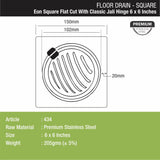 Eon Square Flat Cut Floor Drain with Classic Jali and Hinge  (6 x 6 Inches) - LIPKA
