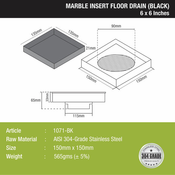 Marble Insert Square Floor Drain - Black (6 x 6 Inches) - LIPKA - Lipka Home