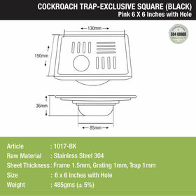 Pink Exclusive Square Floor Drain in Black PVD Coating (6 x 6 Inches) with Hole & Cockroach Trap - LIPKA - Lipka Home