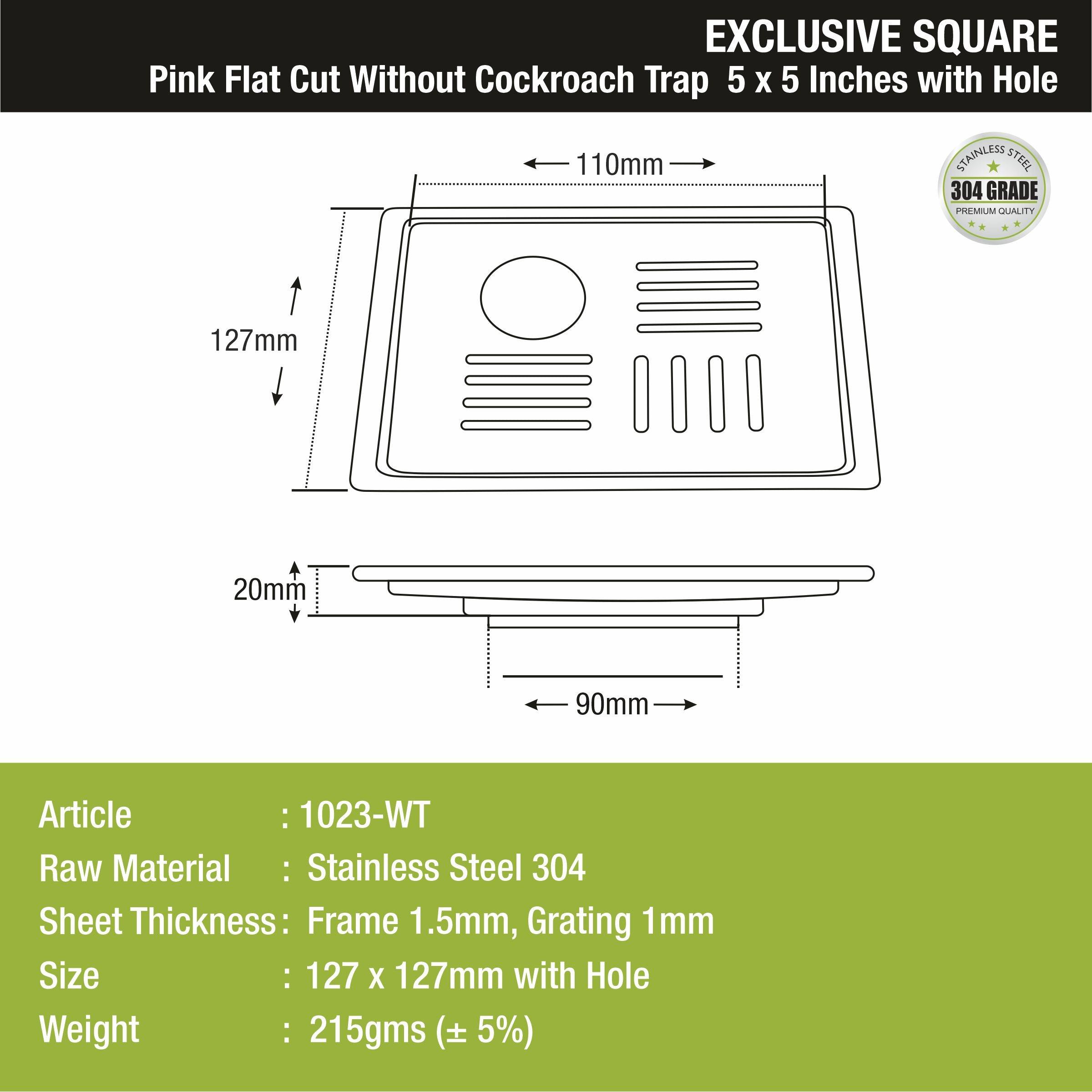 Pink Exclusive Square Flat Cut Floor Drain (5 x 5 Inches) with Hole sizes and dimensions