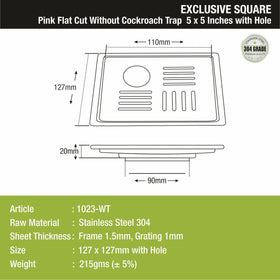 Pink Exclusive Square Flat Cut Floor Drain (5 x 5 Inches) with Hole - LIPKA - Lipka Home