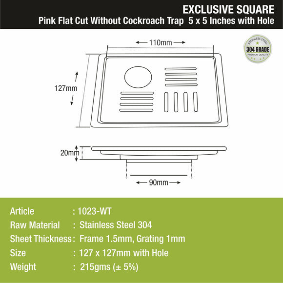 Pink Exclusive Square Flat Cut Floor Drain (5 x 5 Inches) with Hole - LIPKA - Lipka Home