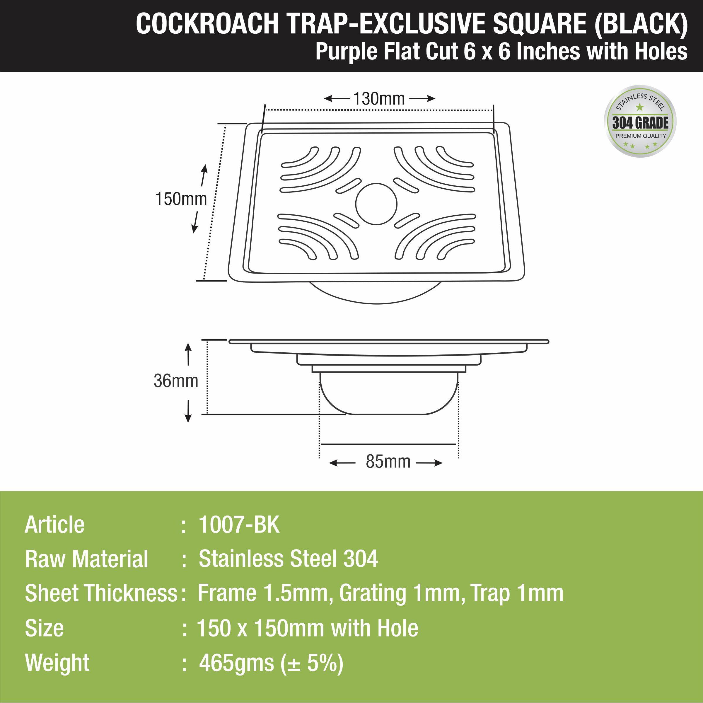 Purple Exclusive Square Flat Cut Floor Drain in Black PVD Coating (6 x 6 Inches) with Cockroach Trap  size and development