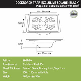 Purple Exclusive Square Flat Cut Floor Drain in Black PVD Coating (6 x 6 Inches) with Hole & Cockroach Trap - LIPKA - Lipka Home