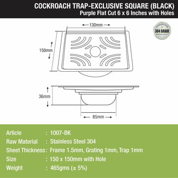 Purple Exclusive Square Flat Cut Floor Drain in Black PVD Coating (6 x 6 Inches) with Hole & Cockroach Trap - LIPKA - Lipka Home
