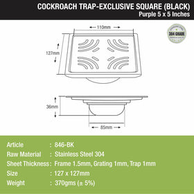 Purple Exclusive Square Floor Drain in Black PVD Coating (5 x 5 Inches) with Cockroach Trap - LIPKA - Lipka Home