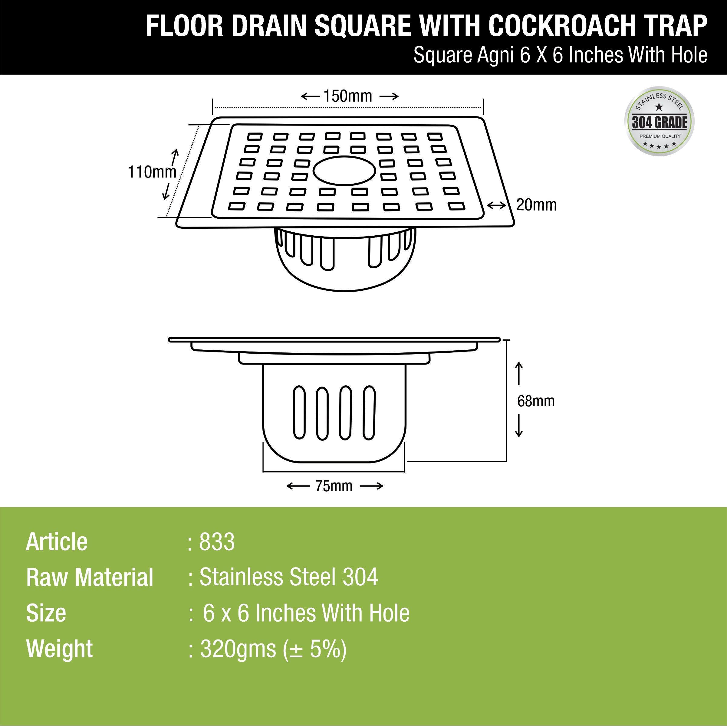 Agni Square Floor Drain (6 x 6 Inches) with Hole and Cockroach Trap- LIPKA - Lipka Home