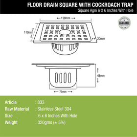 Agni Square Floor Drain (6 x 6 Inches) with Hole and Cockroach Trap- LIPKA - Lipka Home