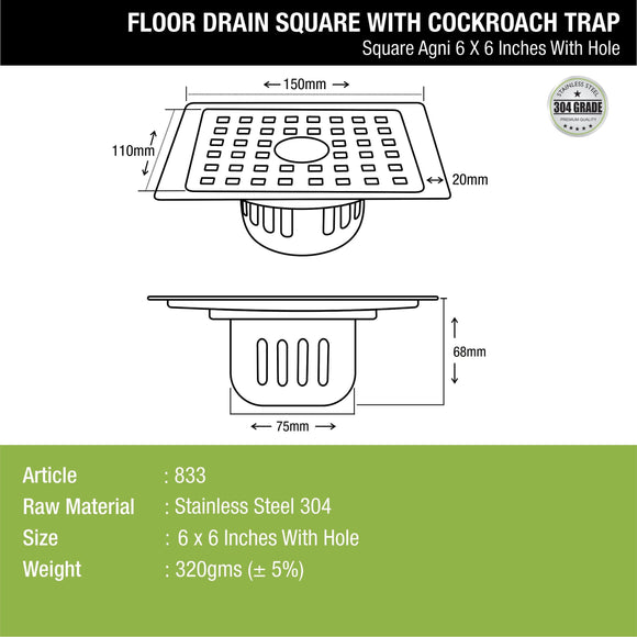 Agni Square Floor Drain (6 x 6 Inches) with Hole and Cockroach Trap- LIPKA - Lipka Home
