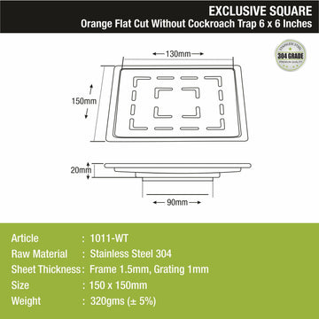 Orange Exclusive Square Flat Cut Floor Drain (6 x 6 Inches) - LIPKA - Lipka Home