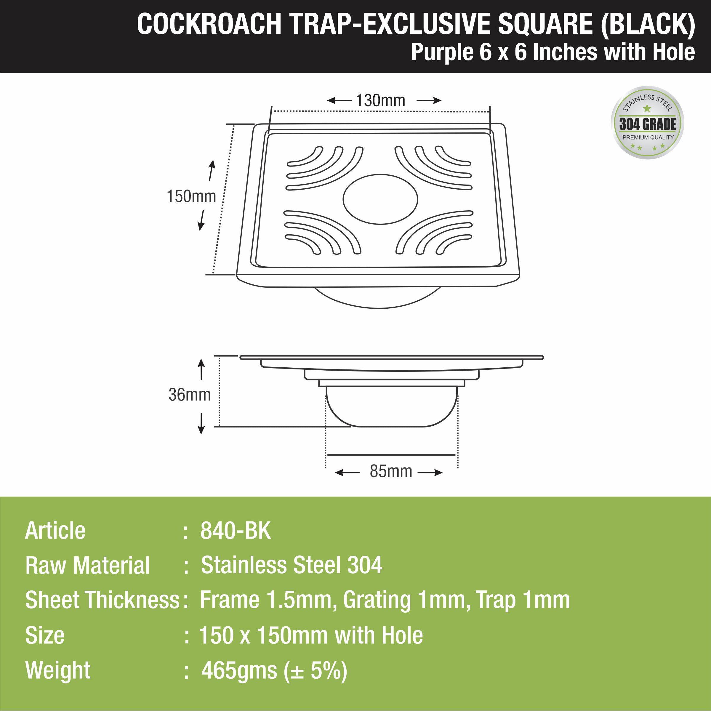 Purple Exclusive Square Floor Drain in Black PVD Coating (6 x 6 Inches) with Hole & Cockroach Trap size and measurement