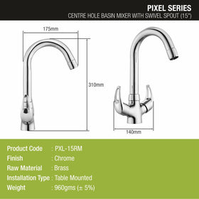 Pixel Centre Hole Basin Mixer Brass Faucet with Round Swivel Spout (15 Inches) - LIPKA - Lipka Home