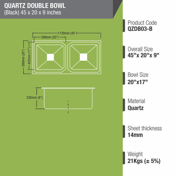 Black Quartz Double Bowl Kitchen Sink (45 x 20 x 9 Inches) - LIPKA - Lipka Home