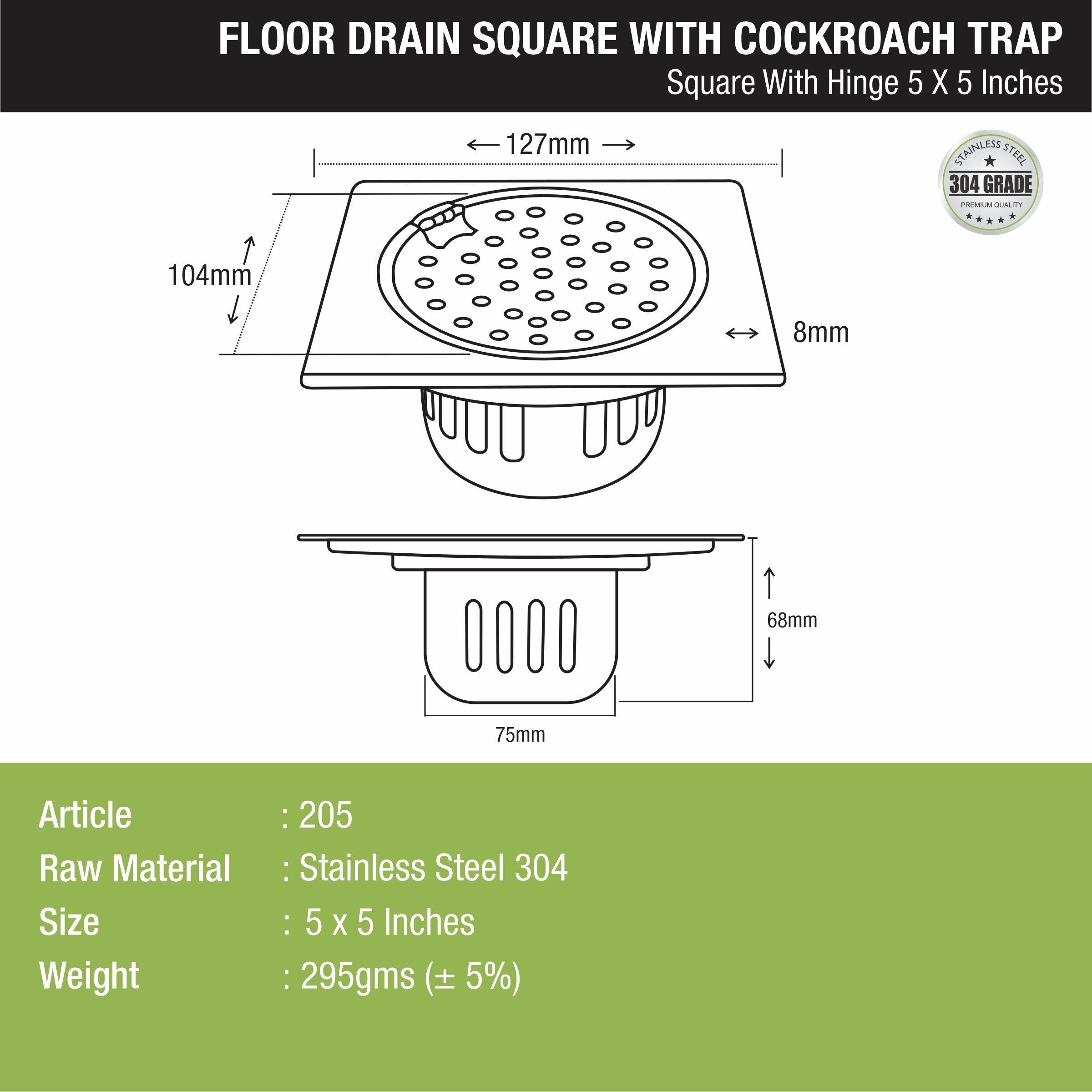 Square Floor Drain (5 x 5 Inches) with Hinge and Cockroach Trap - LIPKA