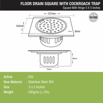 Square Floor Drain (5 x 5 Inches) with Hinge and Cockroach Trap - LIPKA - Lipka Home