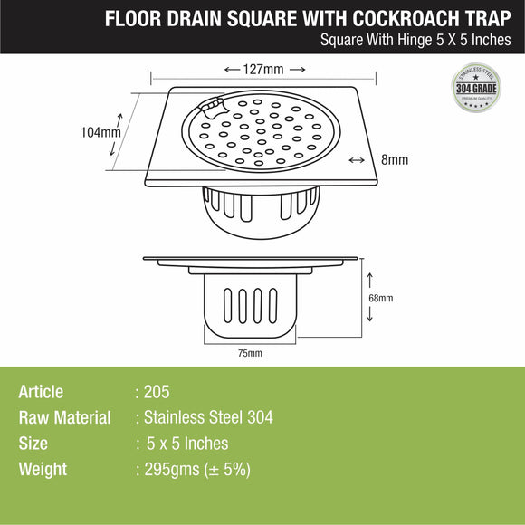 Square Floor Drain (5 x 5 Inches) with Hinge and Cockroach Trap - LIPKA - Lipka Home