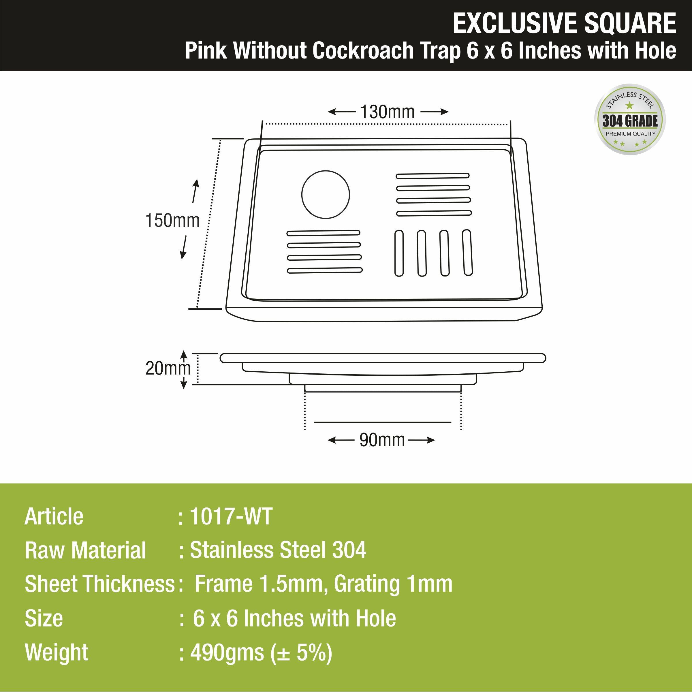 Pink Exclusive Square Floor Drain (6 x 6 Inches) with Hole sizes and dimensions