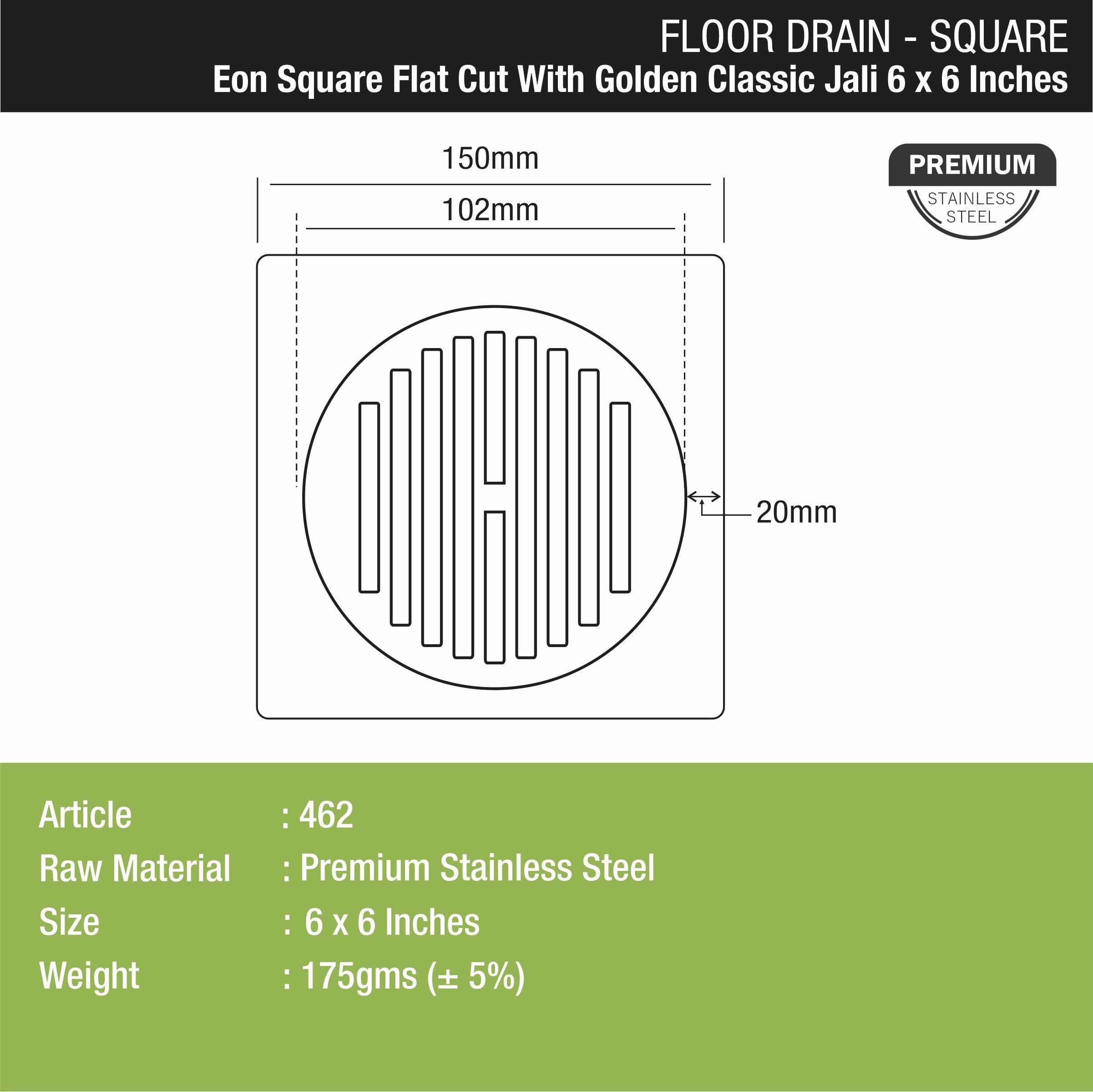 Eon Square Flat Cut Floor Drain with Golden Classic Jali (6 x 6 Inches) - LIPKA - Lipka Home