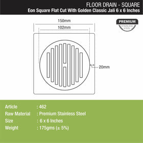 Eon Square Flat Cut Floor Drain with Golden Classic Jali (6 x 6 Inches) - LIPKA - Lipka Home