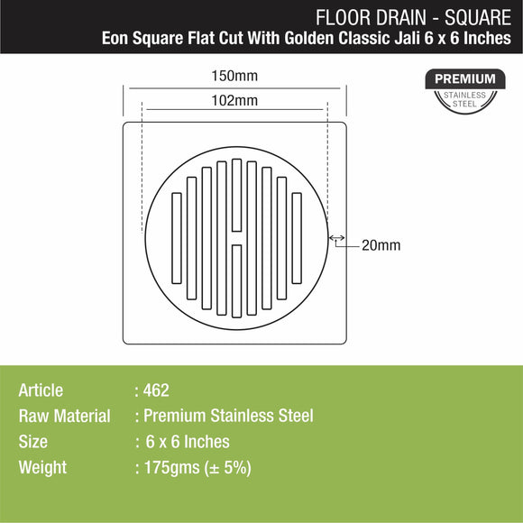 Eon Square Flat Cut Floor Drain with Golden Classic Jali (6 x 6 Inches) - LIPKA - Lipka Home