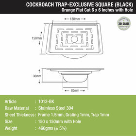 Orange Exclusive Square Flat Cut Floor Drain in Black PVD Coating (6 x 6 Inches) with Hole & Cockroach Trap - LIPKA - Lipka Home