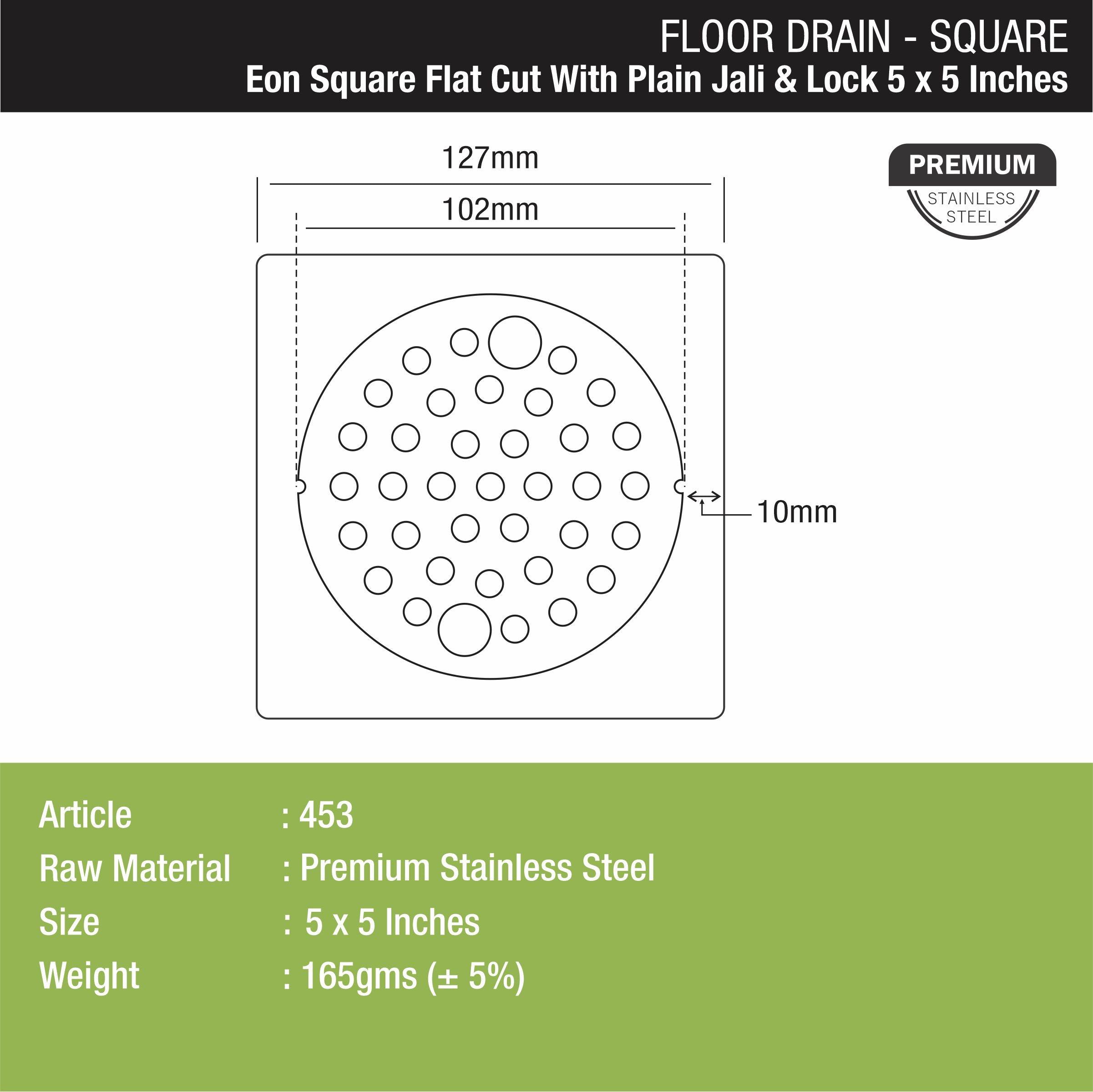Eon Square Flat Cut Floor Drain with Plain Jali and Lock (5 x 5 Inches) - LIPKA - Lipka Home