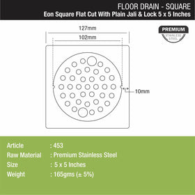 Eon Square Flat Cut Floor Drain with Plain Jali and Lock (5 x 5 Inches) - LIPKA - Lipka Home