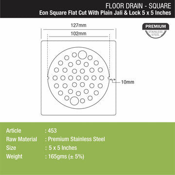 Eon Square Flat Cut Floor Drain with Plain Jali and Lock (5 x 5 Inches) - LIPKA - Lipka Home