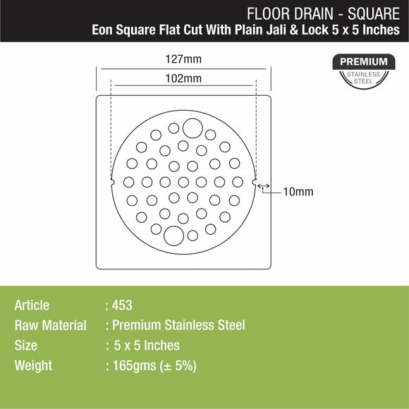 Eon Square Flat Cut Floor Drain with Plain Jali and Lock (5 x 5 Inches) - LIPKA - Lipka Home